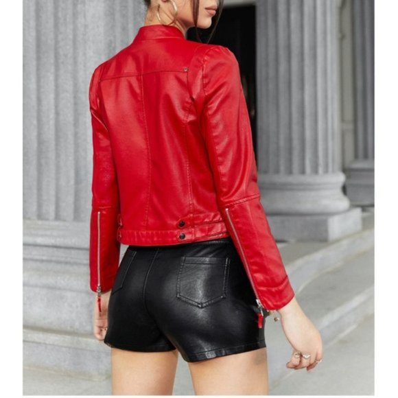 Zip up vegan Leather Moto Jacket Red - Picture 3 of 6